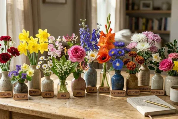 birth month flowers calendar with all 12 months flowers arranged in a luxury flat lay